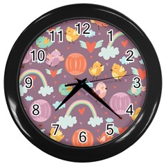 Cute-seamless-pattern-with-doodle-birds-balloons Wall Clock (black) by pakminggu