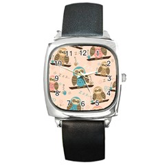 Seamless-pattern-owls-dream-cute-style-pajama-fabric Square Metal Watch by pakminggu