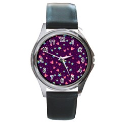 Colorful-stars-hearts-seamless-vector-pattern Round Metal Watch by pakminggu