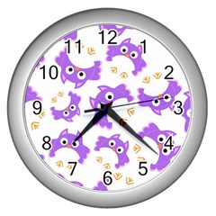 Purple-owl-pattern-background Wall Clock (silver) by pakminggu