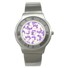 Purple-owl-pattern-background Stainless Steel Watch by pakminggu