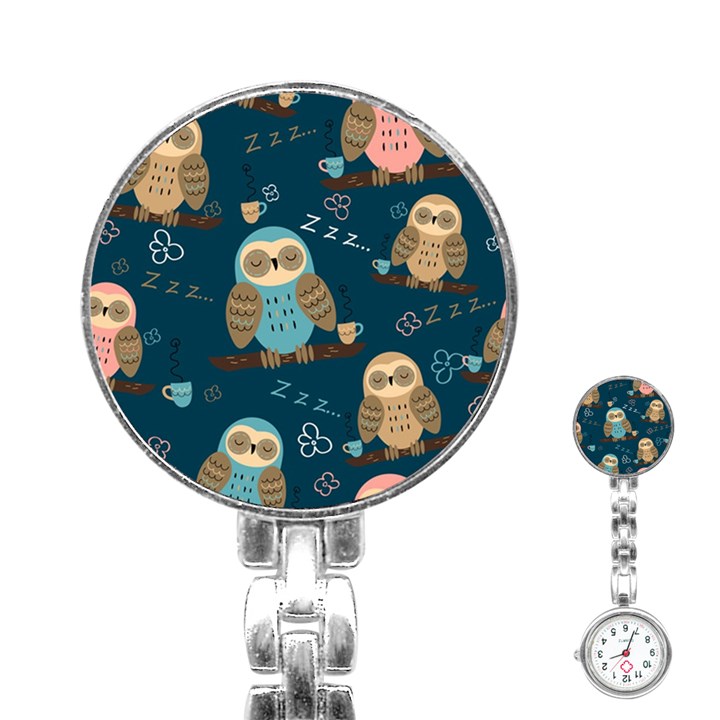 Seamless-pattern-owls-dreaming Stainless Steel Nurses Watch