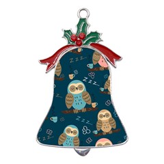 Seamless-pattern-owls-dreaming Metal Holly Leaf Bell Ornament