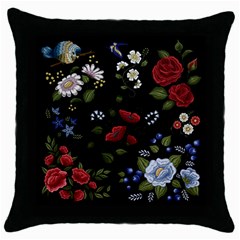 Floral-folk-fashion-ornamental-embroidery-pattern Throw Pillow Case (black) by pakminggu