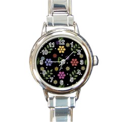 Embroidery-seamless-pattern-with-flowers Round Italian Charm Watch by pakminggu