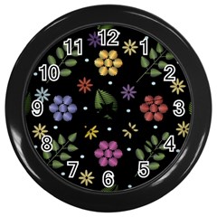 Embroidery-seamless-pattern-with-flowers Wall Clock (black) by pakminggu