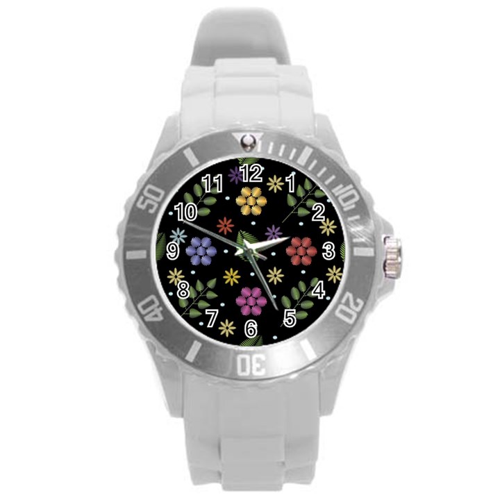 Embroidery-seamless-pattern-with-flowers Round Plastic Sport Watch (L)