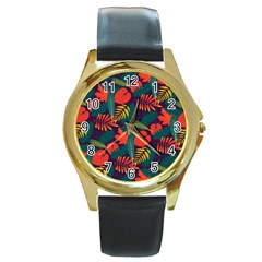 Leaves Pattern Seamless Round Gold Metal Watch by Ravend