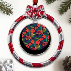 Leaves Pattern Seamless Metal Red Ribbon Round Ornament