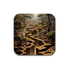 Landscape Mountains Forest Trees Nature Rubber Square Coaster (4 Pack) by Ravend