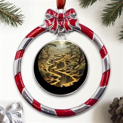 Landscape Mountains Forest Trees Nature Metal Red Ribbon Round Ornament by Ravend