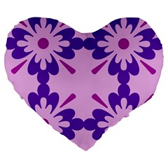 Pink And Purple Flowers Pattern Large 19  Premium Flano Heart Shape Cushions