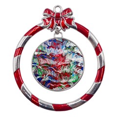 Abstract Waves Metal Red Ribbon Round Ornament by kaleidomarblingart