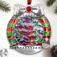 Abstract Waves Metal X mas Ribbon With Red Crystal Round Ornament