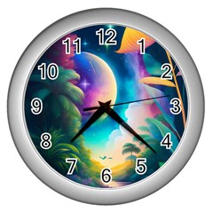 Jungle Moon Light Plants Space Wall Clock (silver) by uniart180623