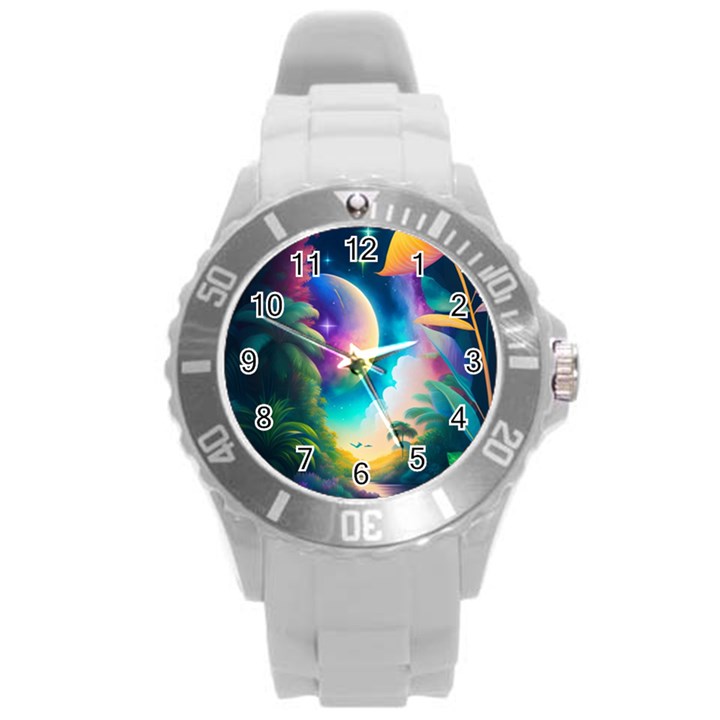 Jungle Moon Light Plants Space Round Plastic Sport Watch (L)