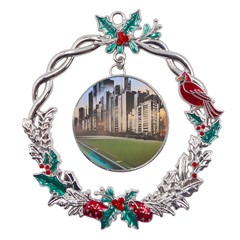 Building City Urban Path Road Skyline Metal X mas Wreath Holly Leaf Ornament by uniart180623