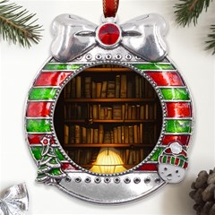 Books Library Metal X mas Ribbon With Red Crystal Round Ornament