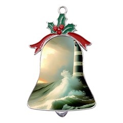 Sea Ocean Waves Lighthouse Nature Metal Holly Leaf Bell Ornament by uniart180623