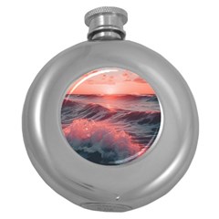 Ocean Waves Sunset Round Hip Flask (5 Oz) by uniart180623