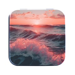 Ocean Waves Sunset Square Metal Box (black)