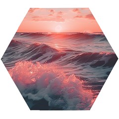 Ocean Waves Sunset Wooden Puzzle Hexagon by uniart180623