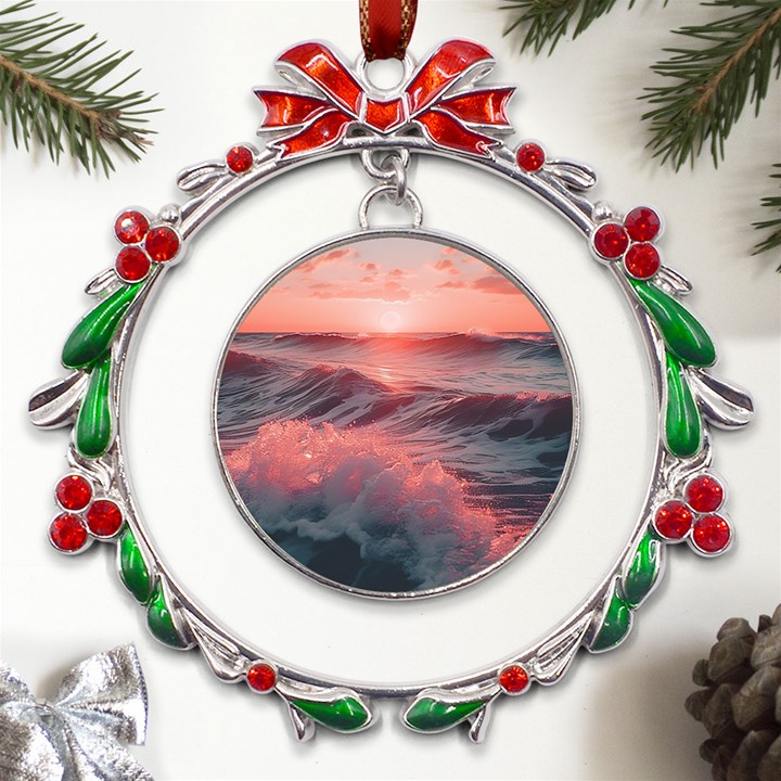 Ocean Waves Sunset Metal X mas Wreath Ribbon Ornament