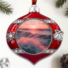 Ocean Waves Sunset Metal Snowflake And Bell Red Ornament by uniart180623