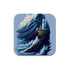 Lighthouse Sea Waves Rubber Square Coaster (4 Pack) by uniart180623