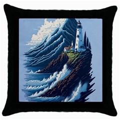 Lighthouse Sea Waves Throw Pillow Case (black) by uniart180623