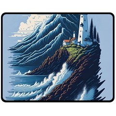 Lighthouse Sea Waves Two Sides Fleece Blanket (medium) by uniart180623