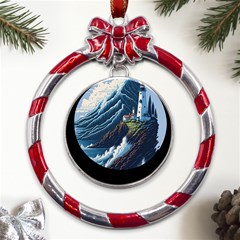 Lighthouse Sea Waves Metal Red Ribbon Round Ornament