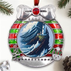 Lighthouse Sea Waves Metal X mas Ribbon With Red Crystal Round Ornament