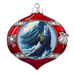 Lighthouse Sea Waves Metal Snowflake And Bell Red Ornament by uniart180623