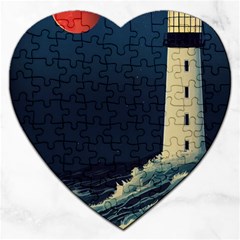 Lighthouse Lunar Eclipse Blood Moon Jigsaw Puzzle (heart) by uniart180623