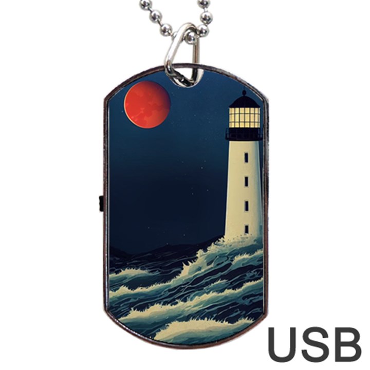 Lighthouse Lunar Eclipse Blood Moon Dog Tag USB Flash (One Side)