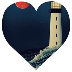 Lighthouse Lunar Eclipse Blood Moon Wooden Puzzle Heart by uniart180623