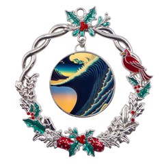 Japanese Japan Waves Sea Ocean Metal X mas Wreath Holly Leaf Ornament by uniart180623