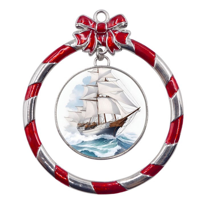 Ship Sail Sea Waves Metal Red Ribbon Round Ornament