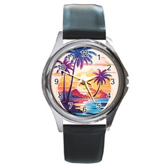 Nature Tropical Palm Trees Sunset Round Metal Watch by uniart180623