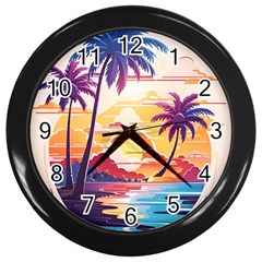 Nature Tropical Palm Trees Sunset Wall Clock (black) by uniart180623