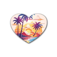 Nature Tropical Palm Trees Sunset Rubber Heart Coaster (4 Pack) by uniart180623