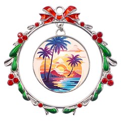 Nature Tropical Palm Trees Sunset Metal X mas Wreath Ribbon Ornament by uniart180623