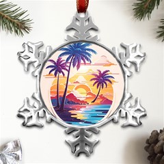 Nature Tropical Palm Trees Sunset Metal Small Snowflake Ornament