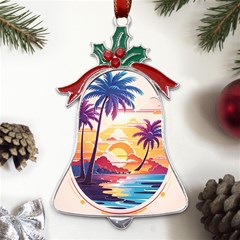 Nature Tropical Palm Trees Sunset Metal Holly Leaf Bell Ornament