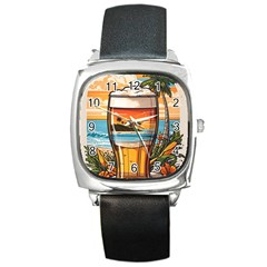 Beach Summer Drink Square Metal Watch by uniart180623