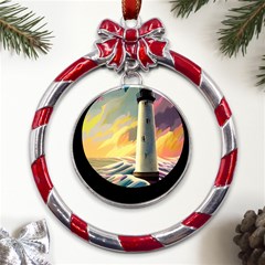 Lighthouse Colorful Abstract Art Metal Red Ribbon Round Ornament