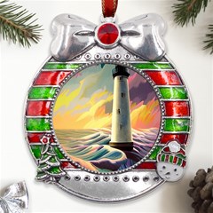 Lighthouse Colorful Abstract Art Metal X mas Ribbon With Red Crystal Round Ornament by uniart180623