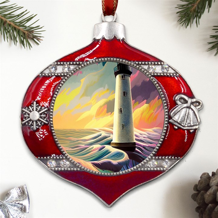 Lighthouse Colorful Abstract Art Metal Snowflake And Bell Red Ornament