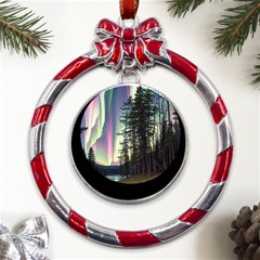 Northern Lights Aurora Borealis Metal Red Ribbon Round Ornament by uniart180623